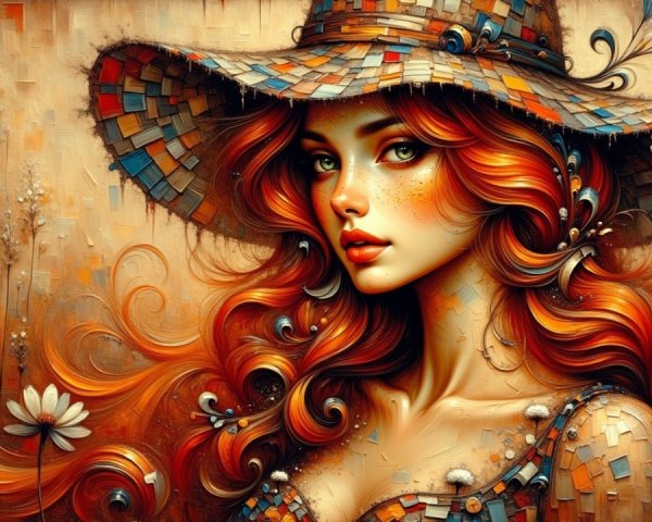 Woman with Red Hair and Mosaic Patterns in Floral Setting