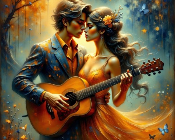 Romantic Couple Under Warm Hues with Guitar and Flowers