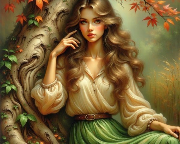Young Woman by Ancient Tree in Autumn Setting