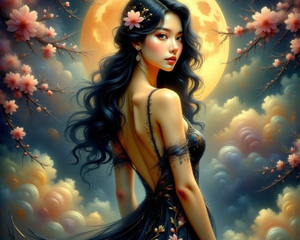 Elegant woman in black gown with moonlit backdrop