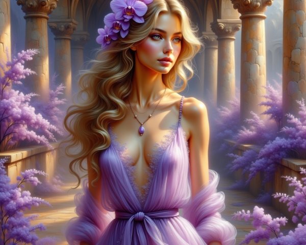 Woman in Lavender Dress in Enchanted Garden Setting