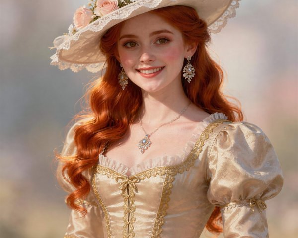 Young woman in floral hat and gold dress outdoors