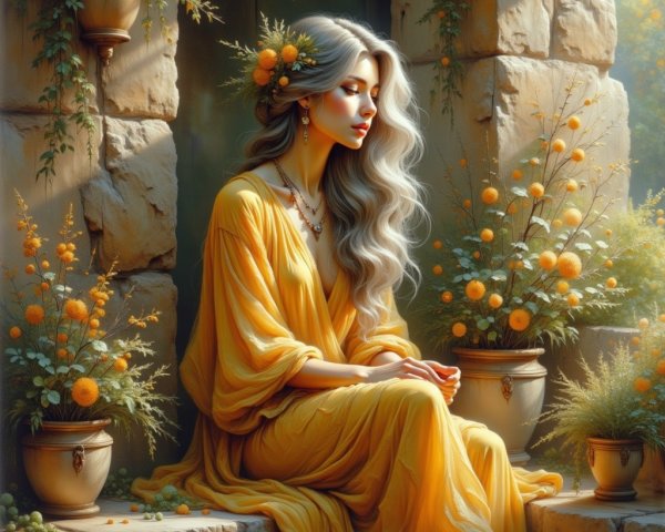 Serene Woman in Yellow Gown by Stone Archway