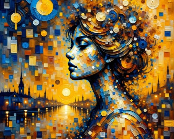 Abstract Woman's Profile with Vibrant Colors and Sunset