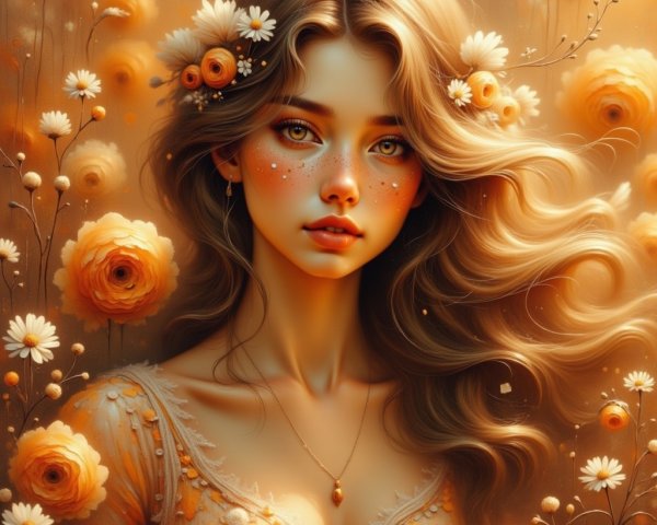 Portrait of a Young Woman with Golden Hair and Flowers
