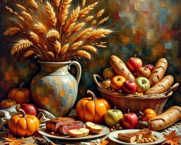 Autumn Table Setting with Wheat, Pumpkins, and Apples