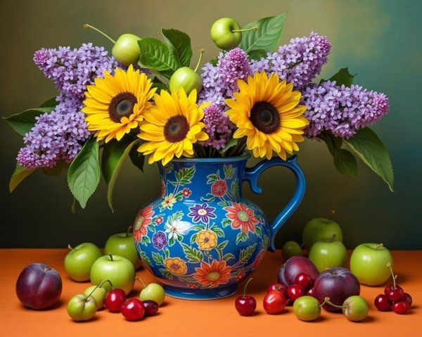 Sunflowers and Lilacs in Blue Vase with Fresh Fruits