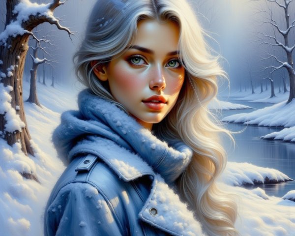 Young woman in winter landscape with silver-blonde hair