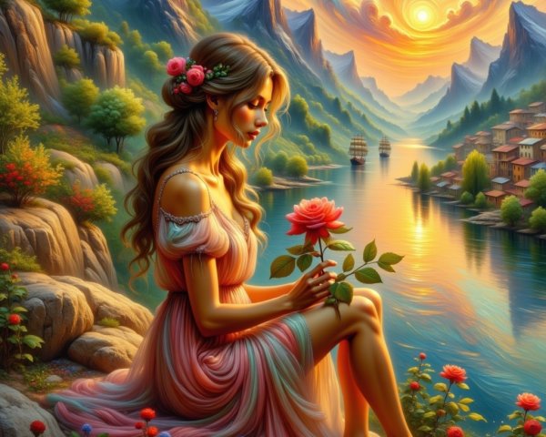 Young Woman by River in Pink Dress at Sunset