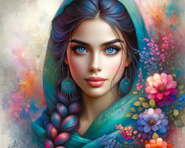 Young woman in turquoise scarf with floral backdrop