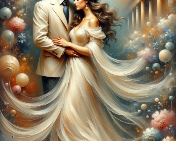 Romantic Couple Embracing in Ethereal Background