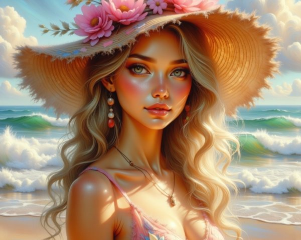 Young woman by the shore in summer attire and scenery