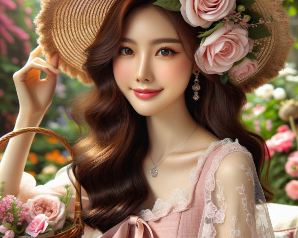 Young woman in straw hat in colorful garden setting