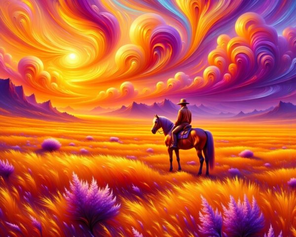 Surreal Sunset Landscape with Cowboy and Wildflowers