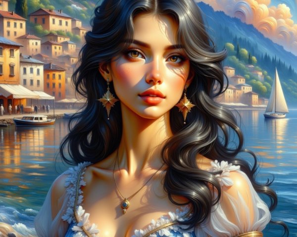 Young Woman by Lakeside Village with Scenic Backdrop