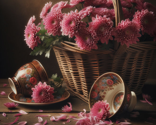 Woven Basket with Pink Chrysanthemums and Porcelain Cups