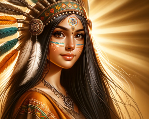 Young woman in traditional attire with feathered headdress