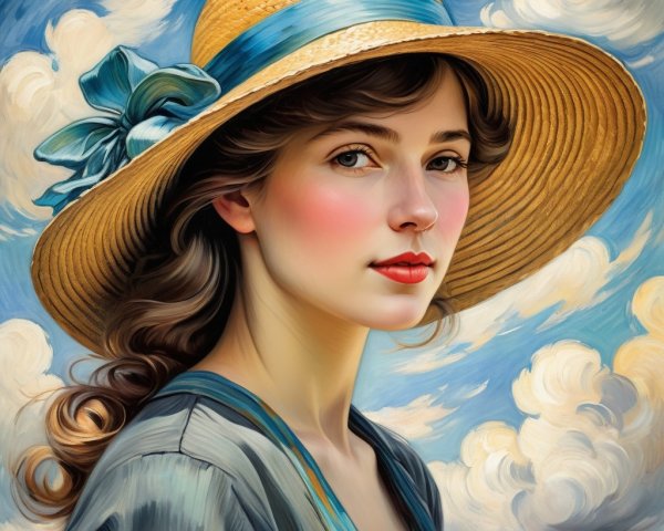 Young woman in straw hat against a blue sky