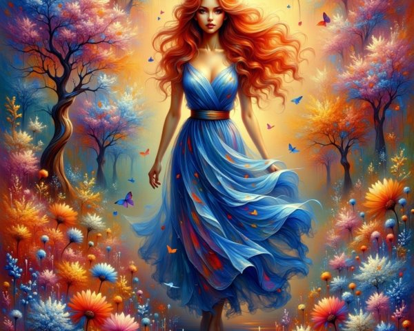 Serene Landscape with Woman in Flowing Blue Dress