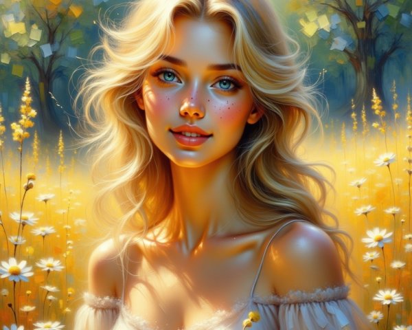 Young woman in sunlit meadow with golden flowers