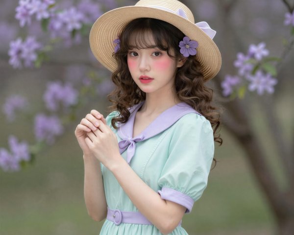 Young Woman in Mint Green Dress and Straw Hat