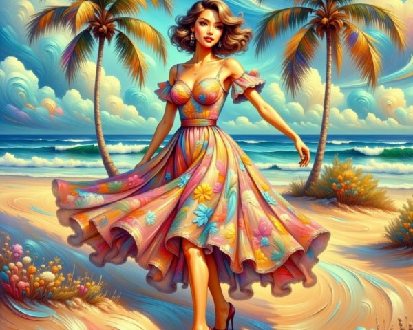 Colorful Beach Scene with Woman in Floral Dress