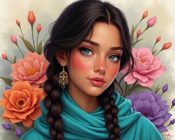 Young woman with braids and vibrant floral backdrop