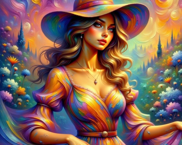 Vibrant Woman in Colorful Dress in Surreal Landscape