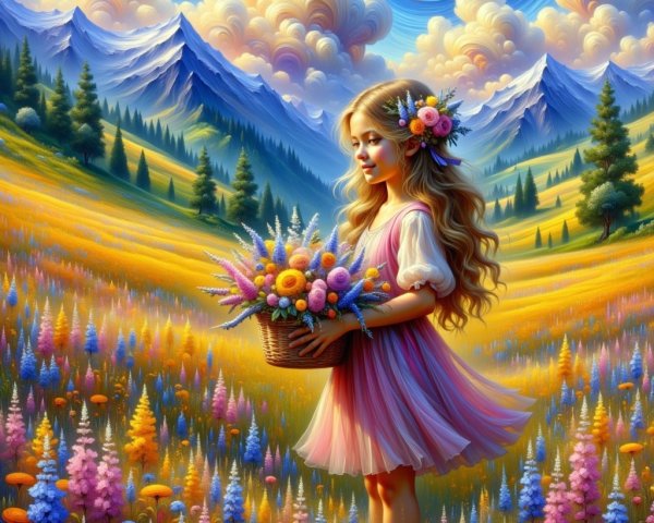 Young girl in meadow with flowers and mountains