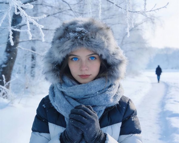Close-up of a woman in winter attire in a snowy forest