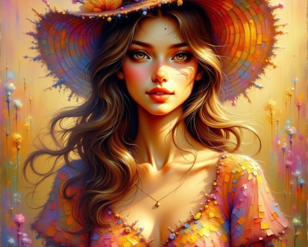 Young woman in floral hat and colorful blouse