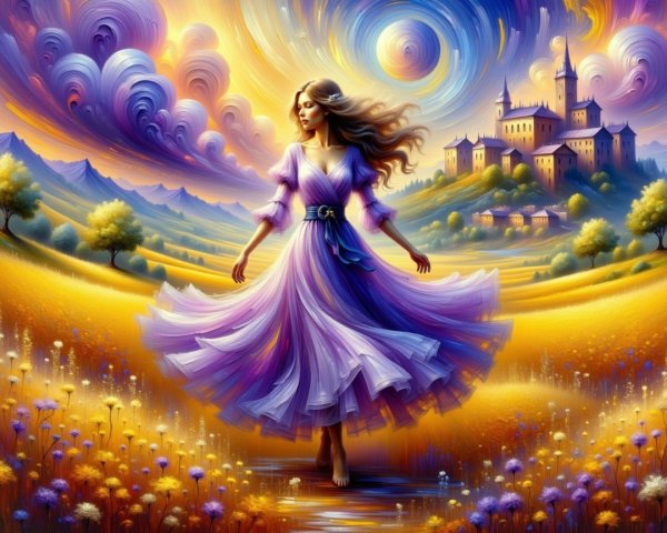Dreamy Landscape with Woman in Purple Dress and Castle