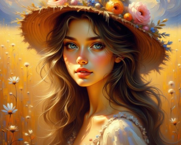 Digital Painting of Woman in Floral Straw Hat