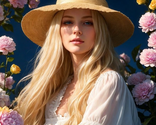 Young woman with blonde hair in floral setting