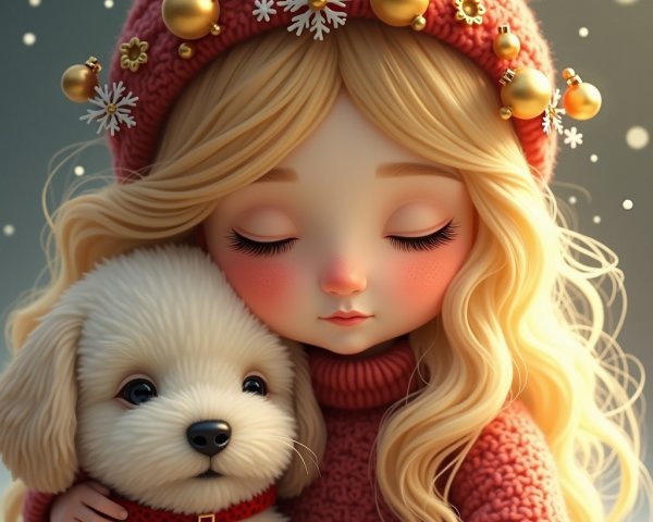 Young girl in cozy red hat cuddles white puppy in snow