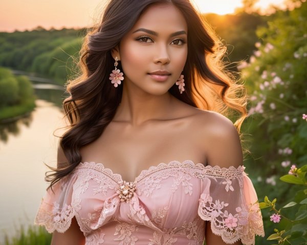 Serene Evening Scene with Young Woman by a River