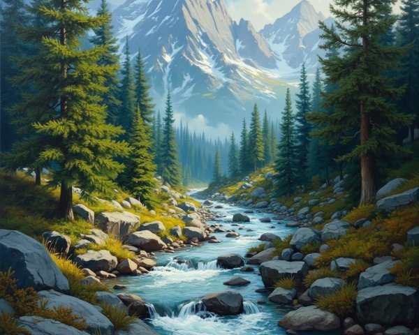 Serene Landscape with River, Forest, and Mountains