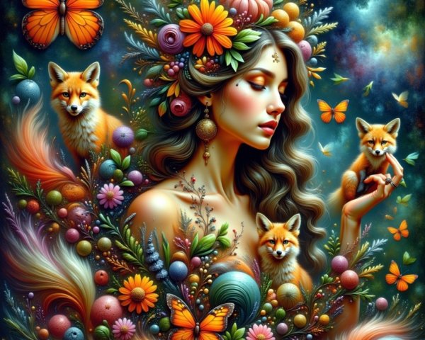 Digital Artwork of Woman with Floral Headdress and Foxes