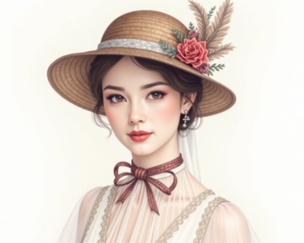 Portrait of a Young Woman in Vintage Straw Hat