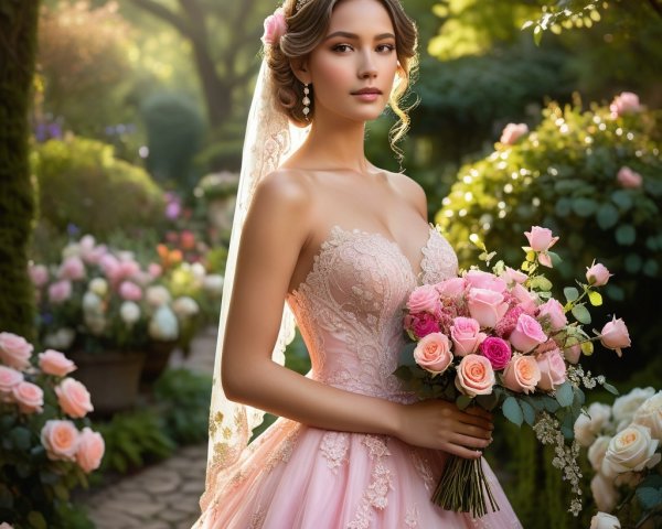 Young Woman in Elegant Gown in Lush Garden Setting