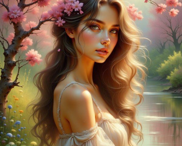 Young Woman in Floral Dress by Tranquil River Scene