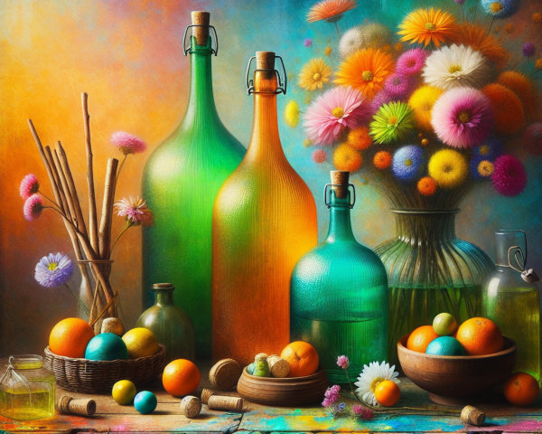 Vibrant Still Life with Colorful Bottles and Flowers