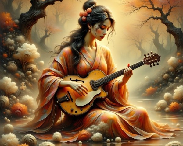 Serene figure in kimono by tranquil stream with guitar