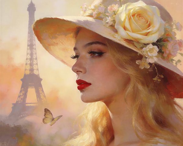 Realistic Oil Painting of a Blonde Woman with Hat