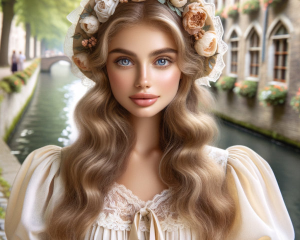 Young Woman by Canal in Vintage Cream Dress