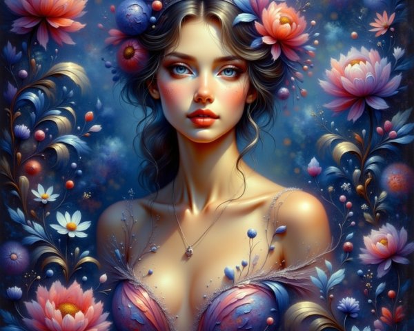 Ethereal Young Woman with Floral Crown and Dress