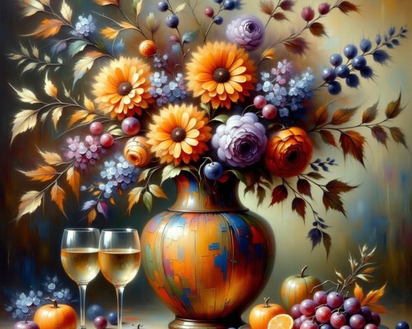 Vibrant Still Life with Flowers and Autumn Fruits