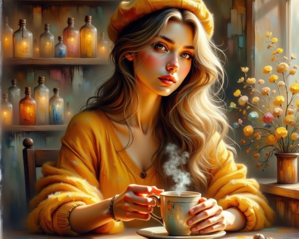 Cozy Indoor Scene with a Young Woman and Flowers