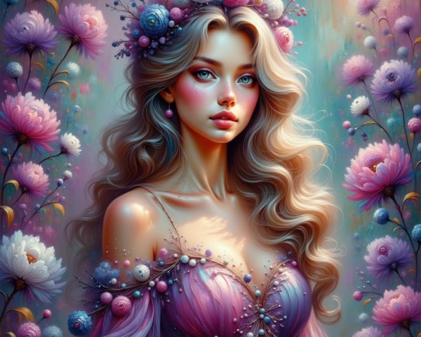 Young woman in floral crown with pastel gown and flowers