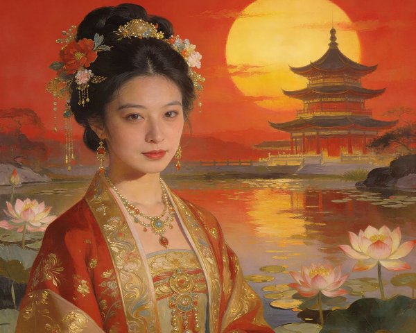 Traditional Chinese Woman in Embroidered Attire at Sunset